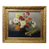 Oil painting on canvas, still life with chrysanthemums, signed L.Porte 1888.