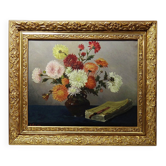 Tableau huile sur toile, nature morte aux chrysanthèmes, signé L.Porte 1888