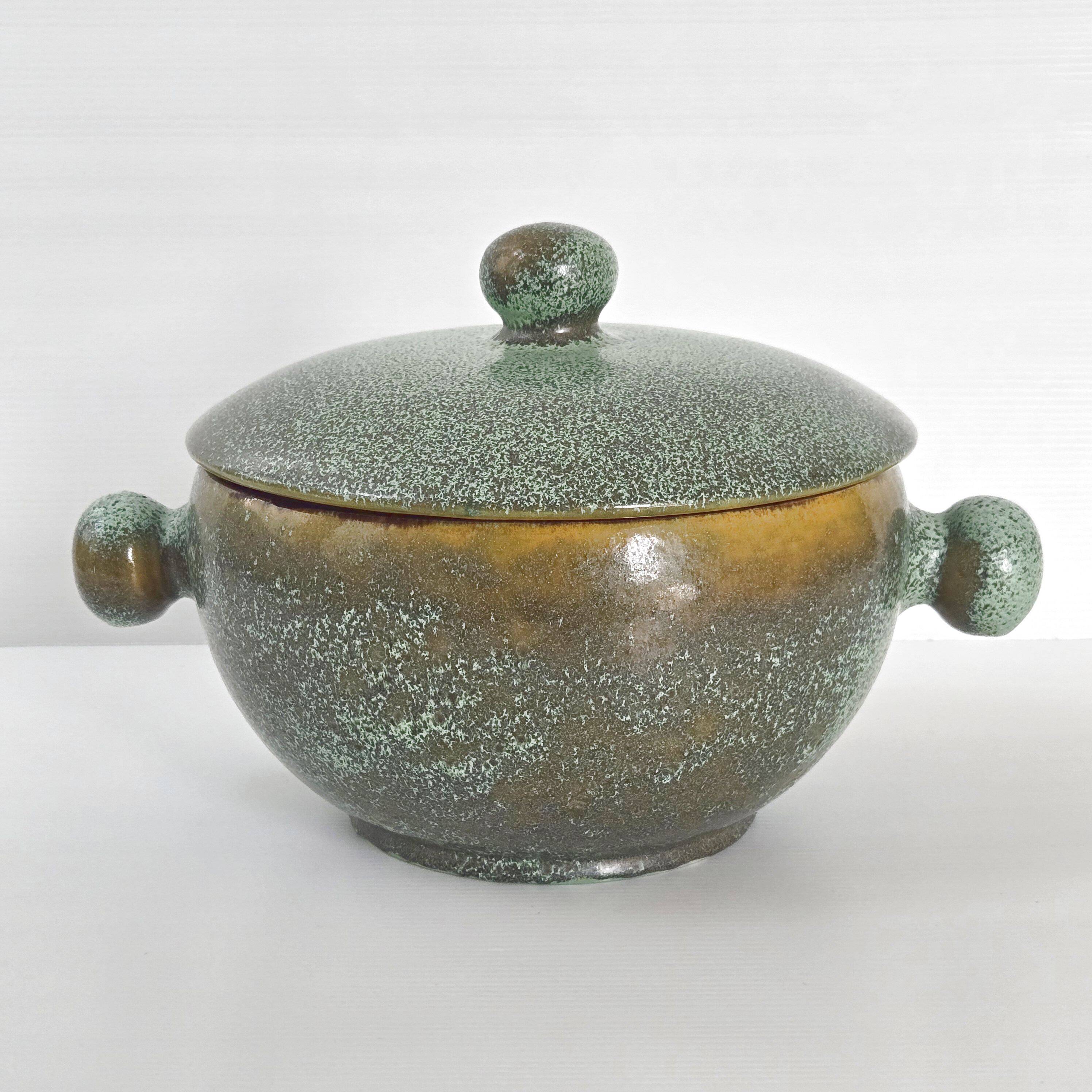 Lunetta Vallauris soup tureen and salad bowl in gilded ceramic, 1960
