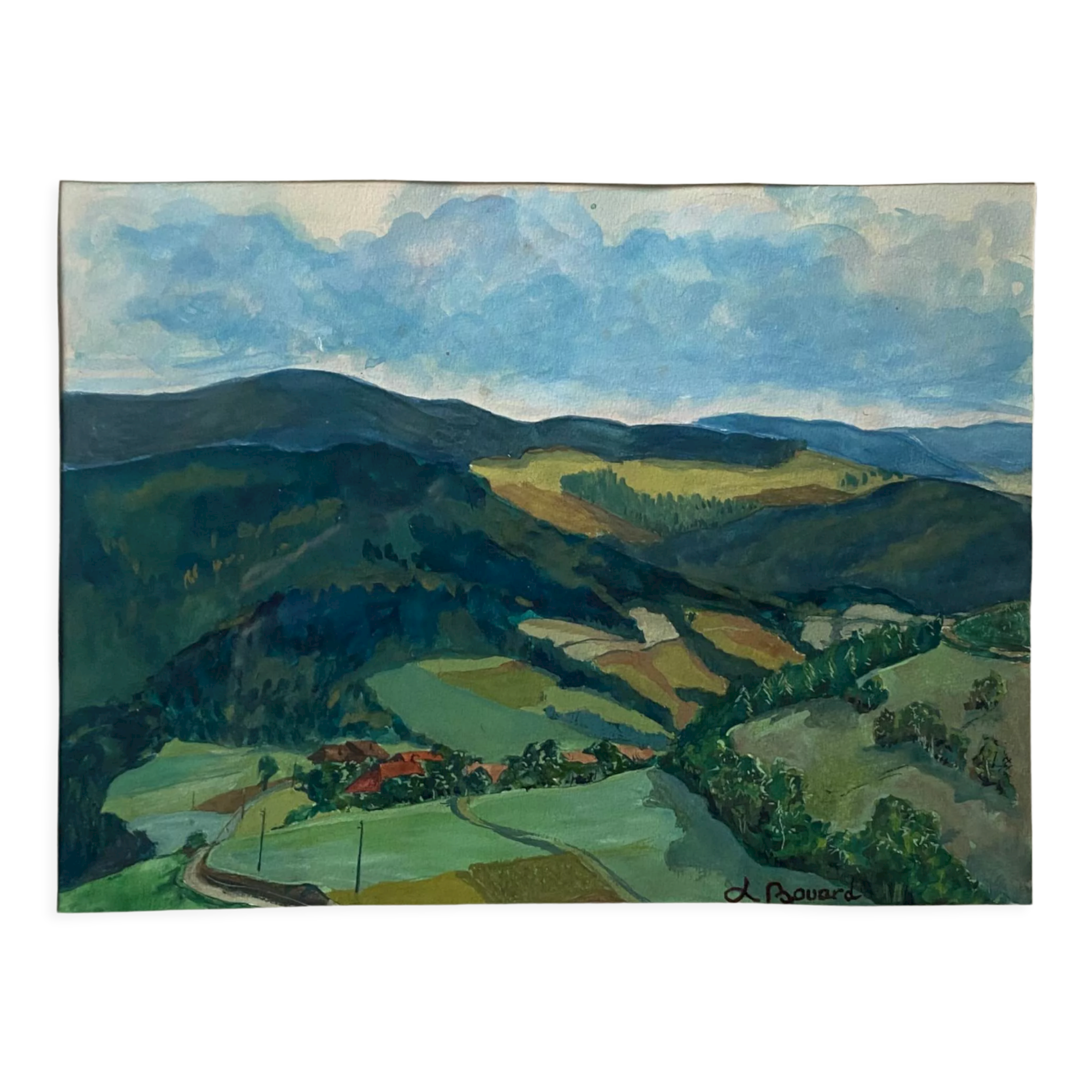 Gouache painting "View of the Valley" signed L. Bouard + frame