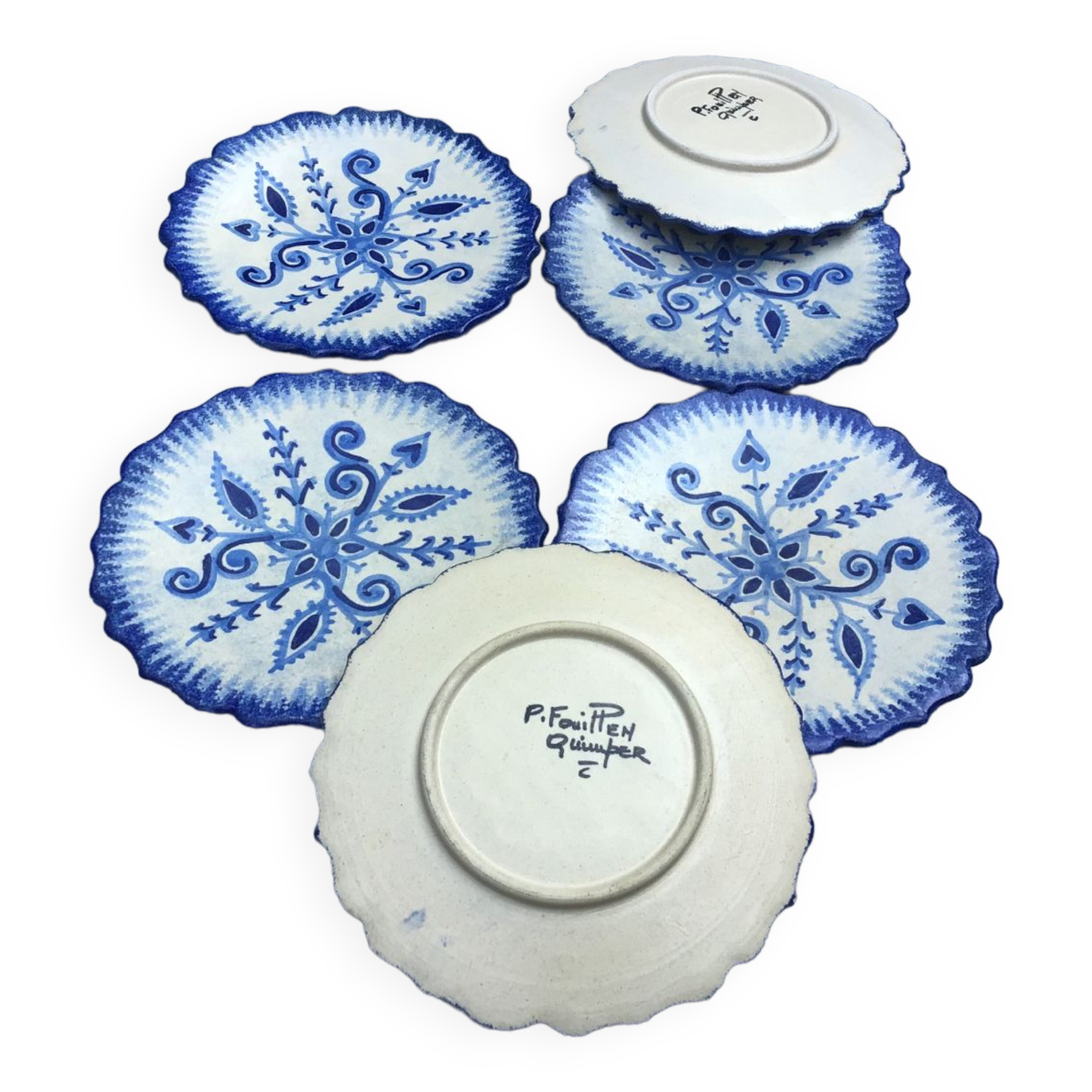 6 dessert plates with Quimper bleu décor by P.Fouillen