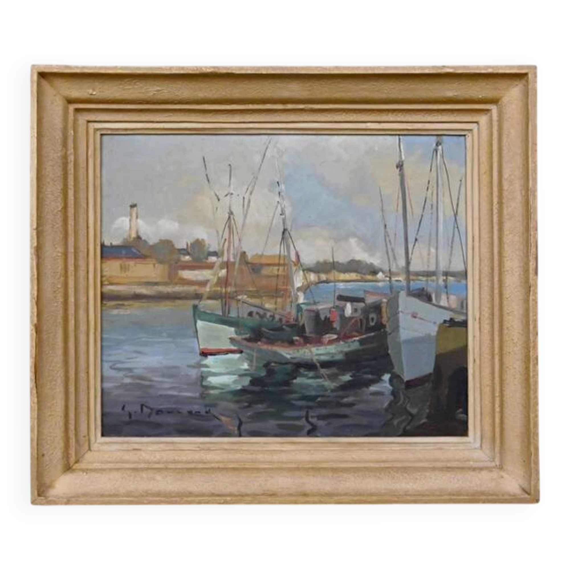 Painting "Thoniers at Dock", oil on panel, signed G. Boulard – Mid 20th century