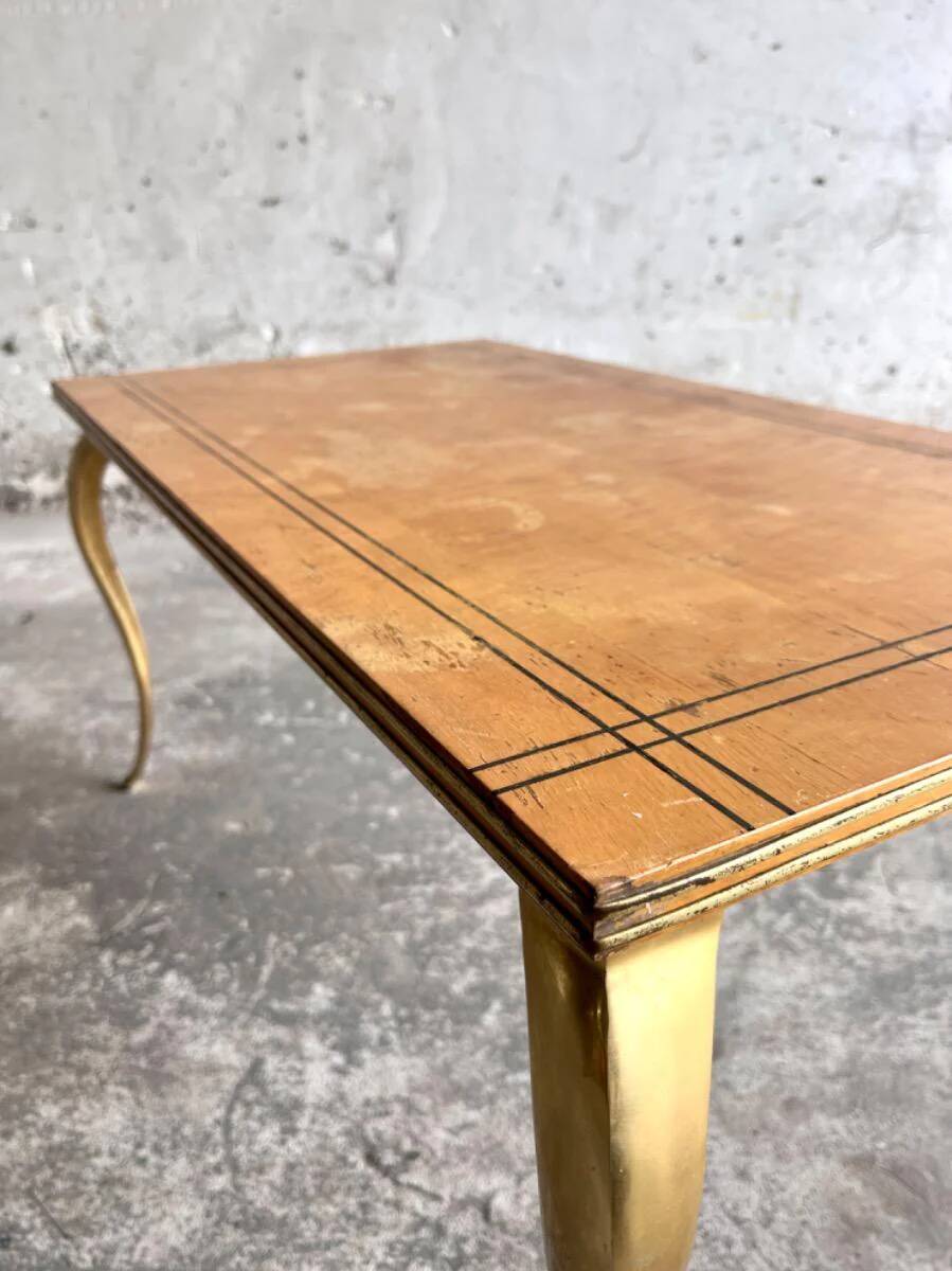 Mid-century wooden coffee table with golden metal legs and black-lined tabletop, 1950s