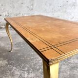 Mid-century wooden coffee table with golden metal legs and black-lined tabletop, 1950s