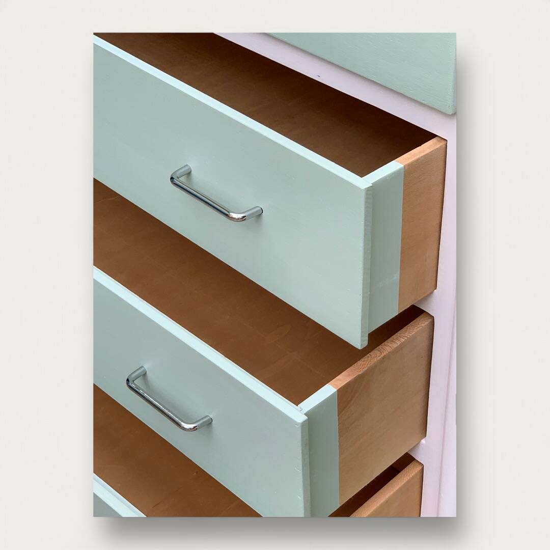 Vintage 1950s compass foot chest of drawers