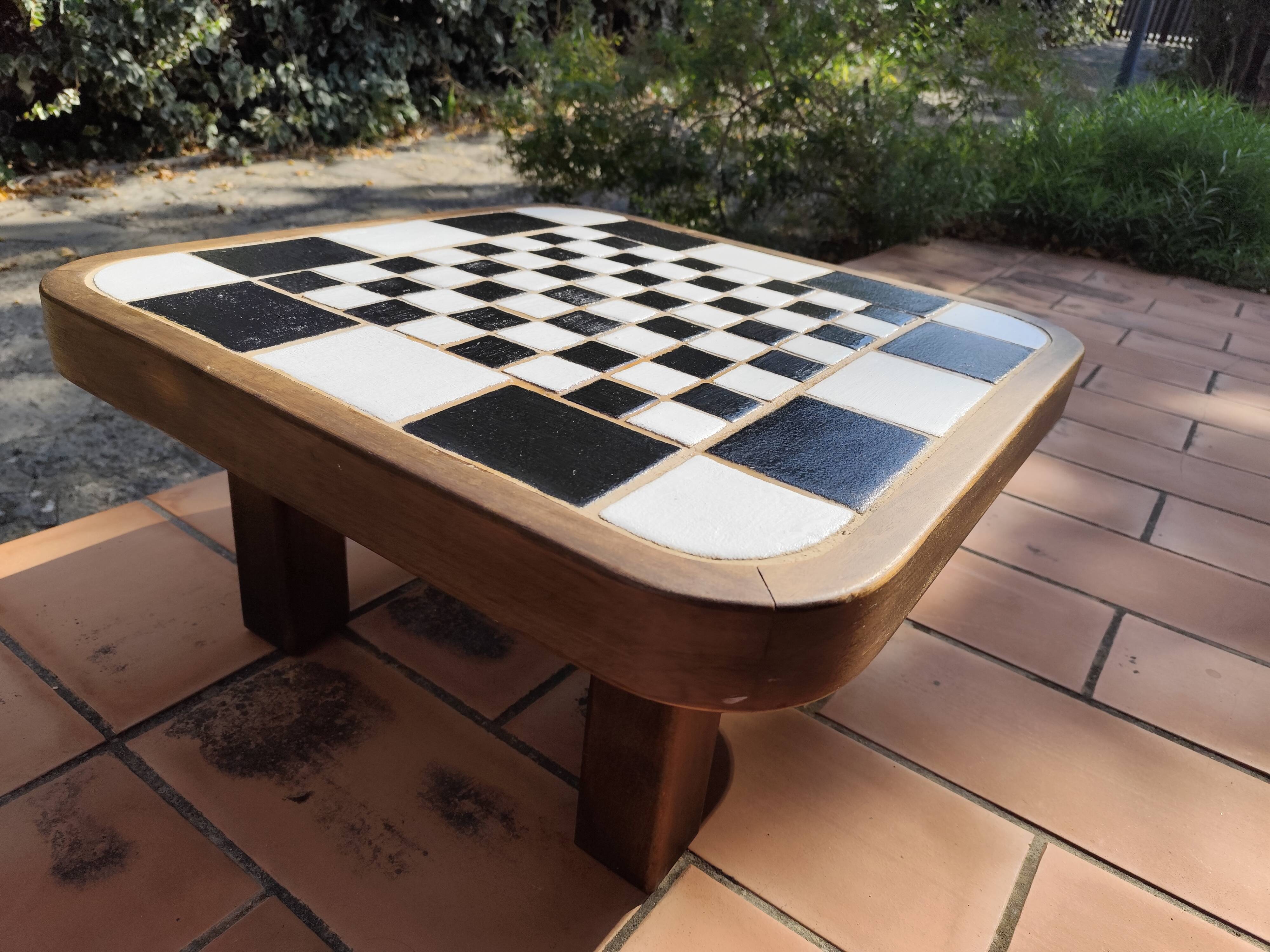 Scandinavian coffee table in wood and ceramic with a checkerboard pattern, 1960s vintage