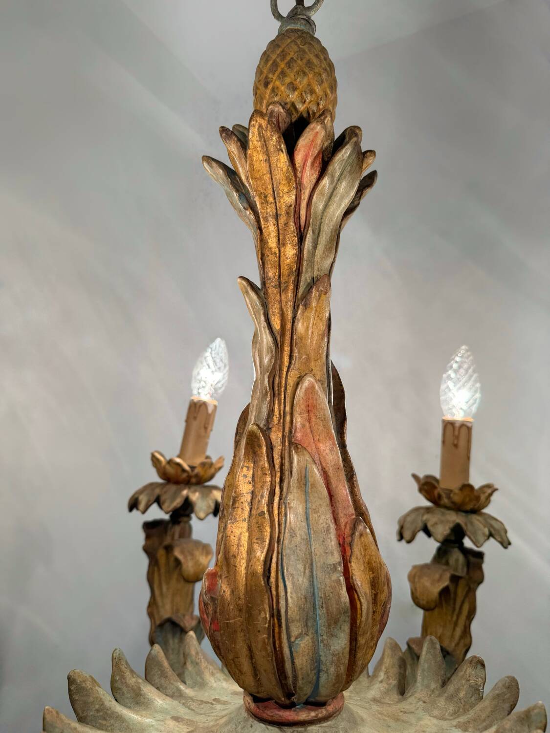 70s Hollywood Regency style chandelier in carved wood