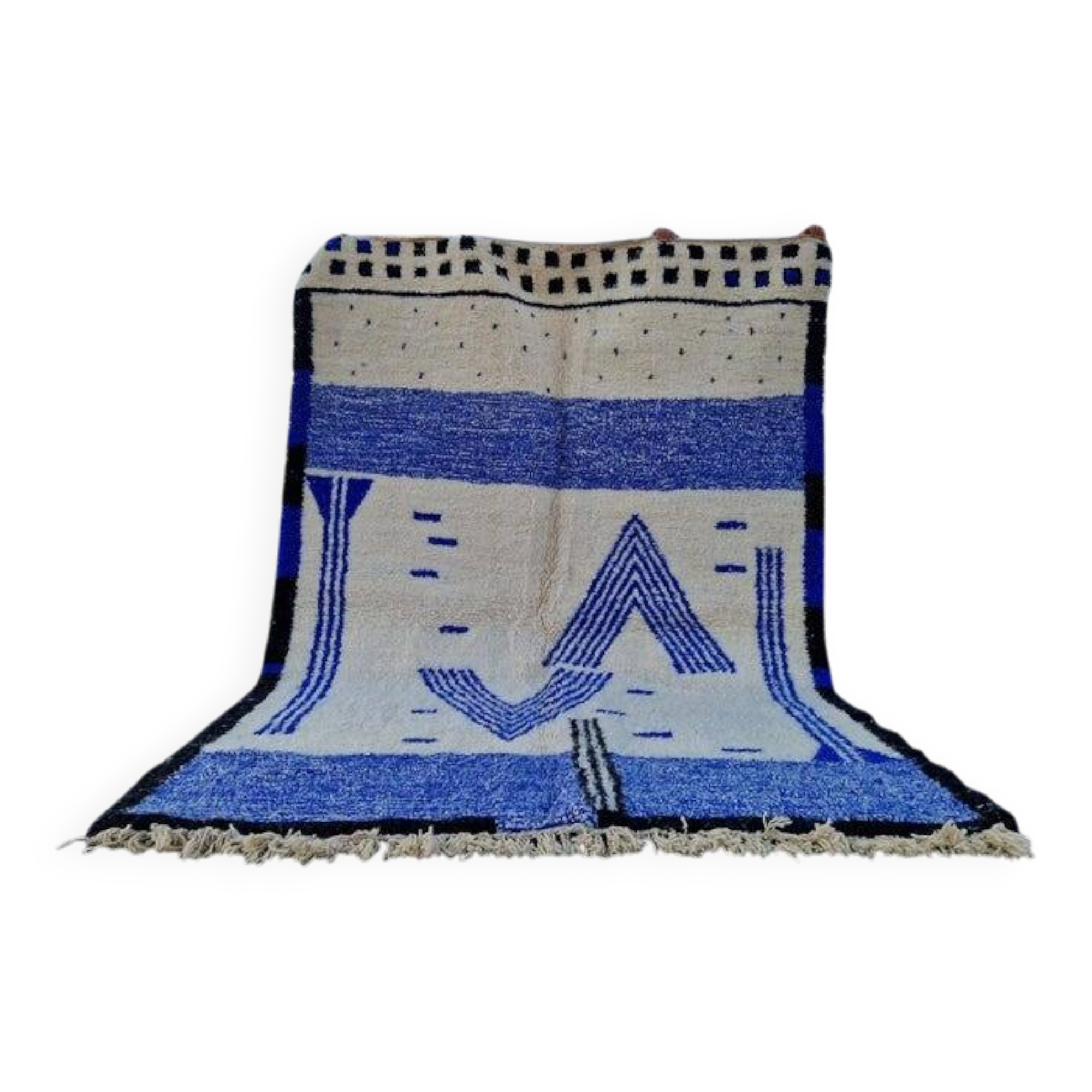 Authentic handwoven Berber rug with blue patterns, 150/250 cm.