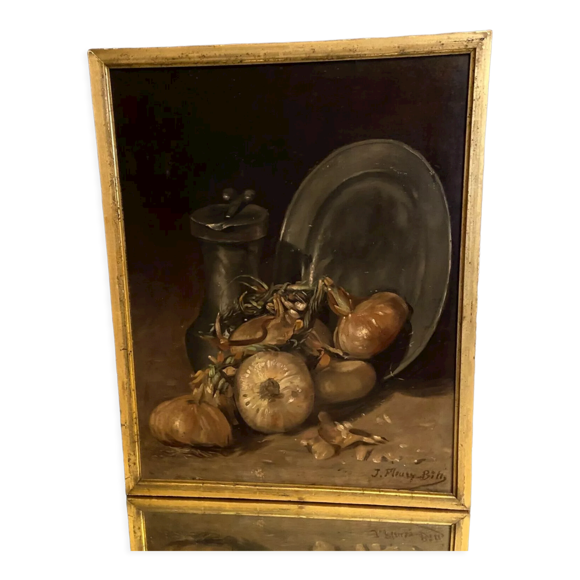 Oil painting on canvas signed J. Fleury-Bin Still Life with pewter and onions