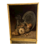 Oil painting on canvas signed J. Fleury-Bin Still Life with pewter and onions