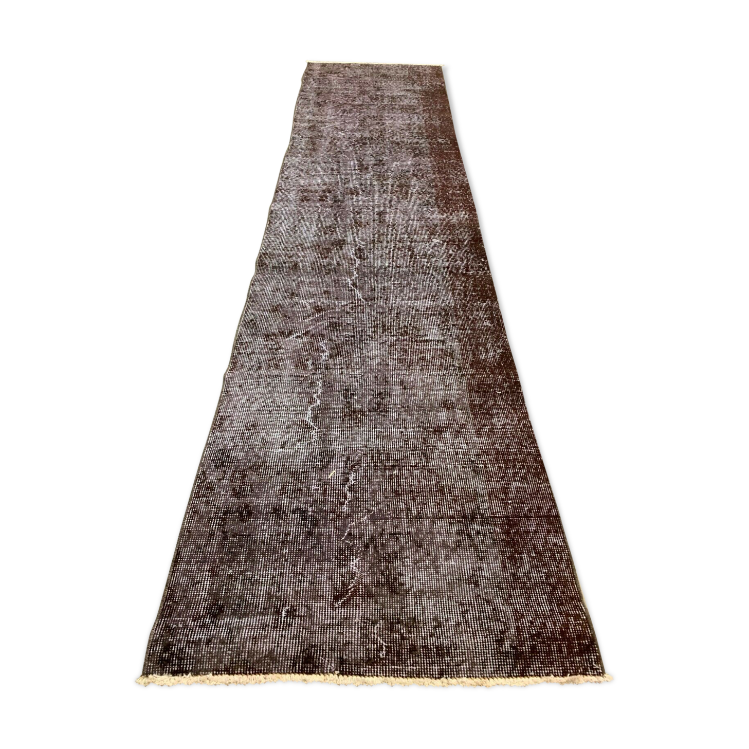 Distressed Turkish Runner 285x70 cm wool Vintage rug, Overdyed Brown