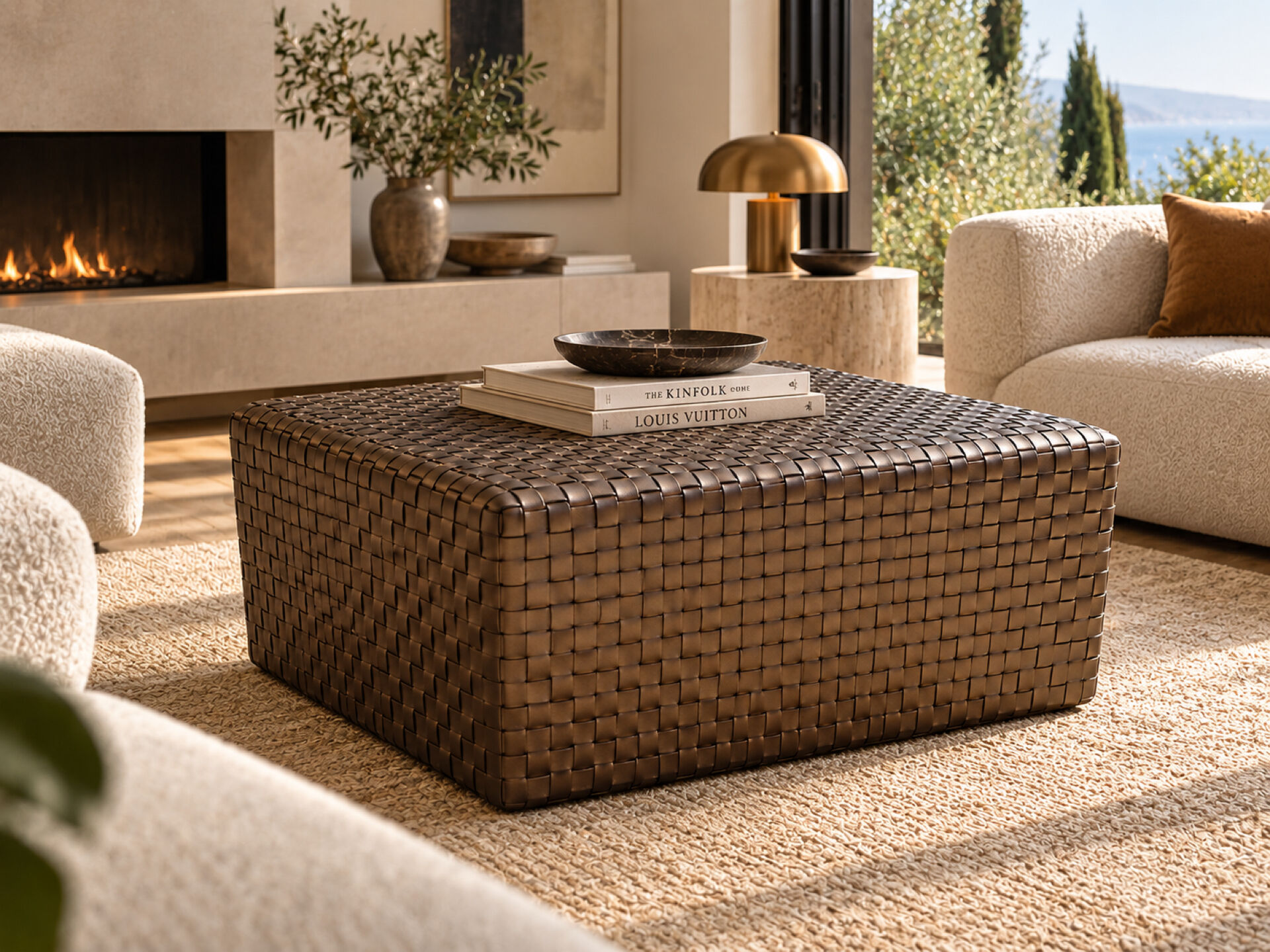 Pouf Dama Enzo Mari for Arte & Cuoio in woven leather