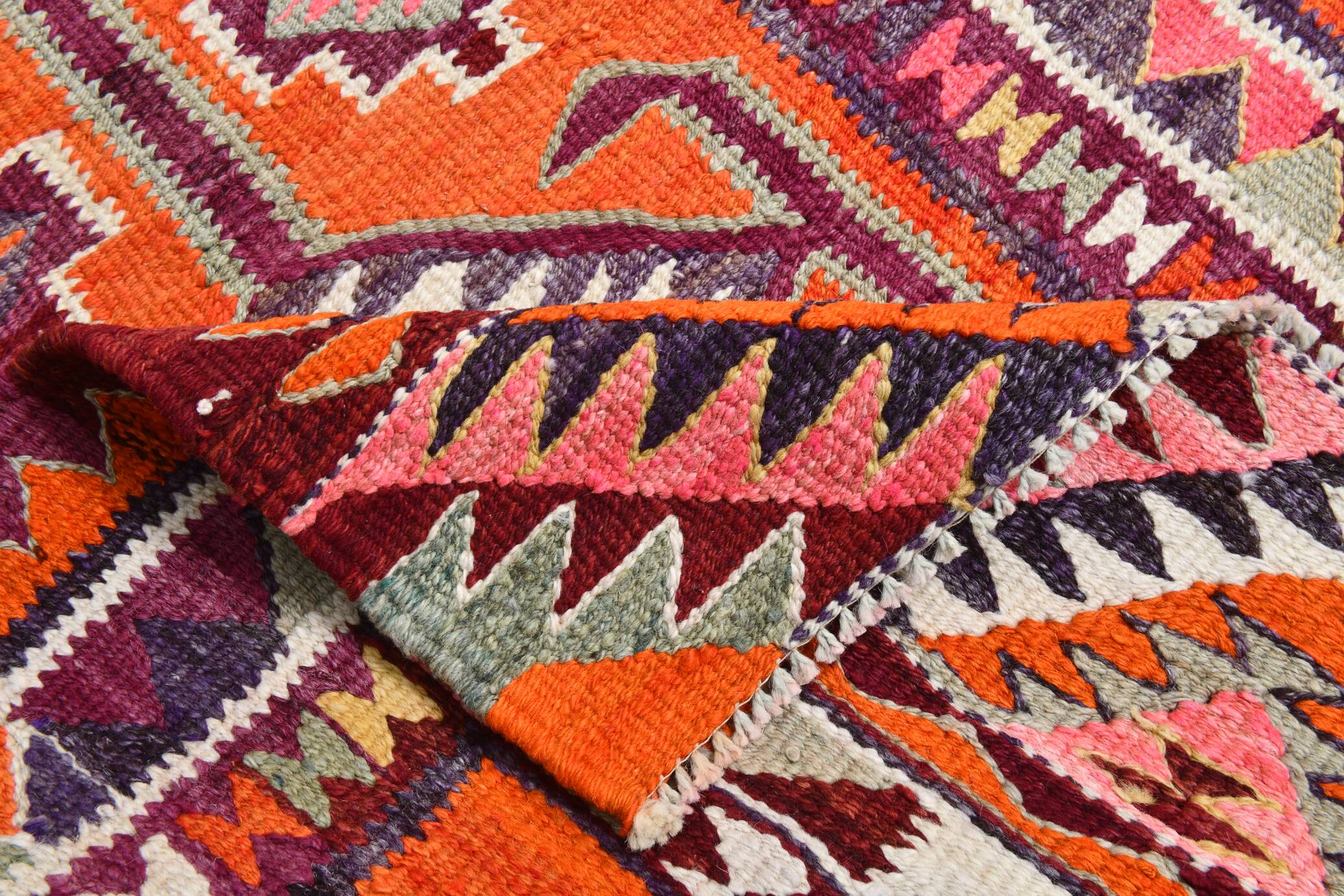 Burgundy & Orange Vintage Kilim Runner Rug, 92x292Cm