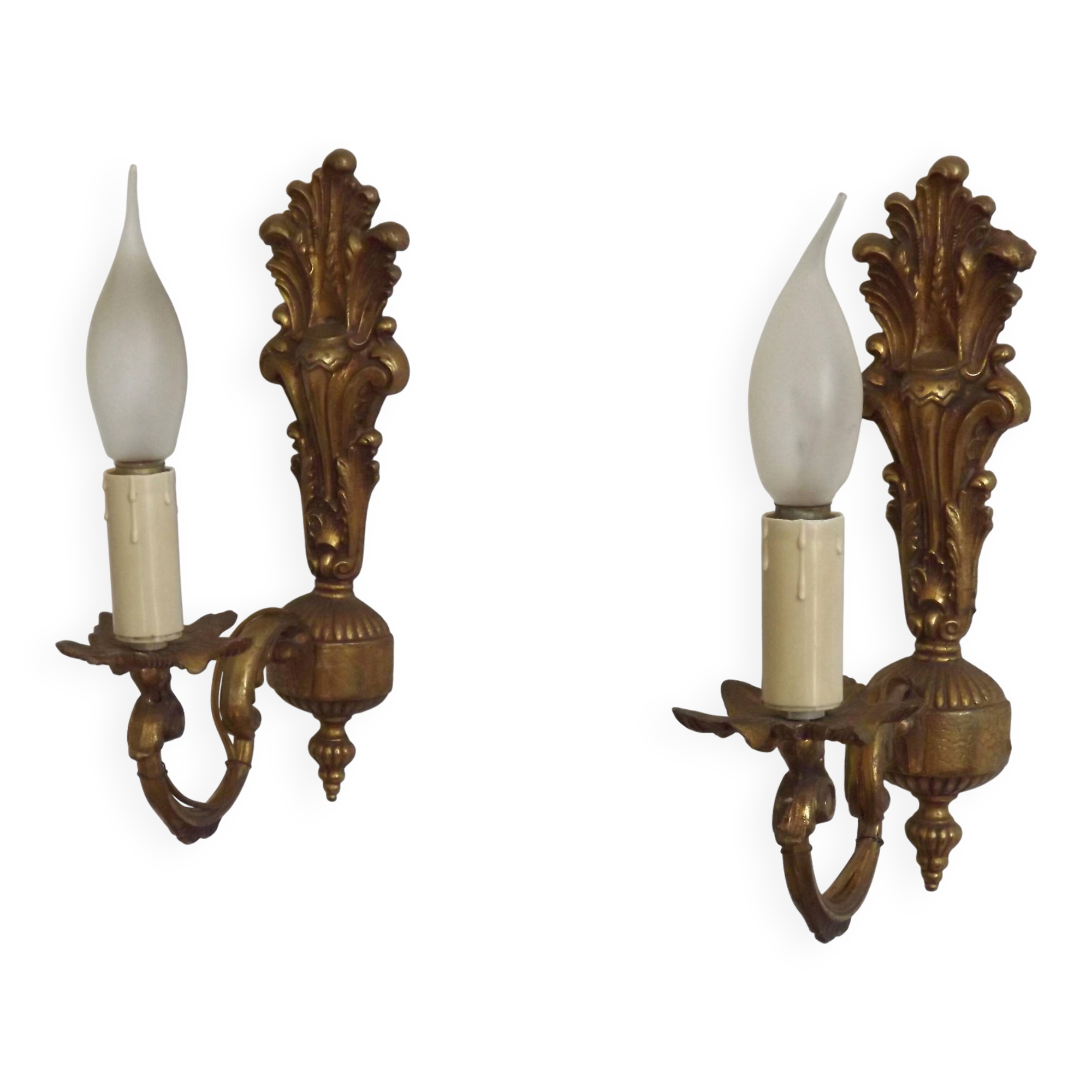 Pair French Gilt Bronze Single Wall Sconces Leaf & Feather Plume Detail