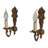 Pair French Gilt Bronze Single Wall Sconces Leaf & Feather Plume Detail