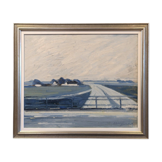 Peinture à l’huile de paysage vintage suédoise moderne du milieu du siècle « Restful Blues », encadrée