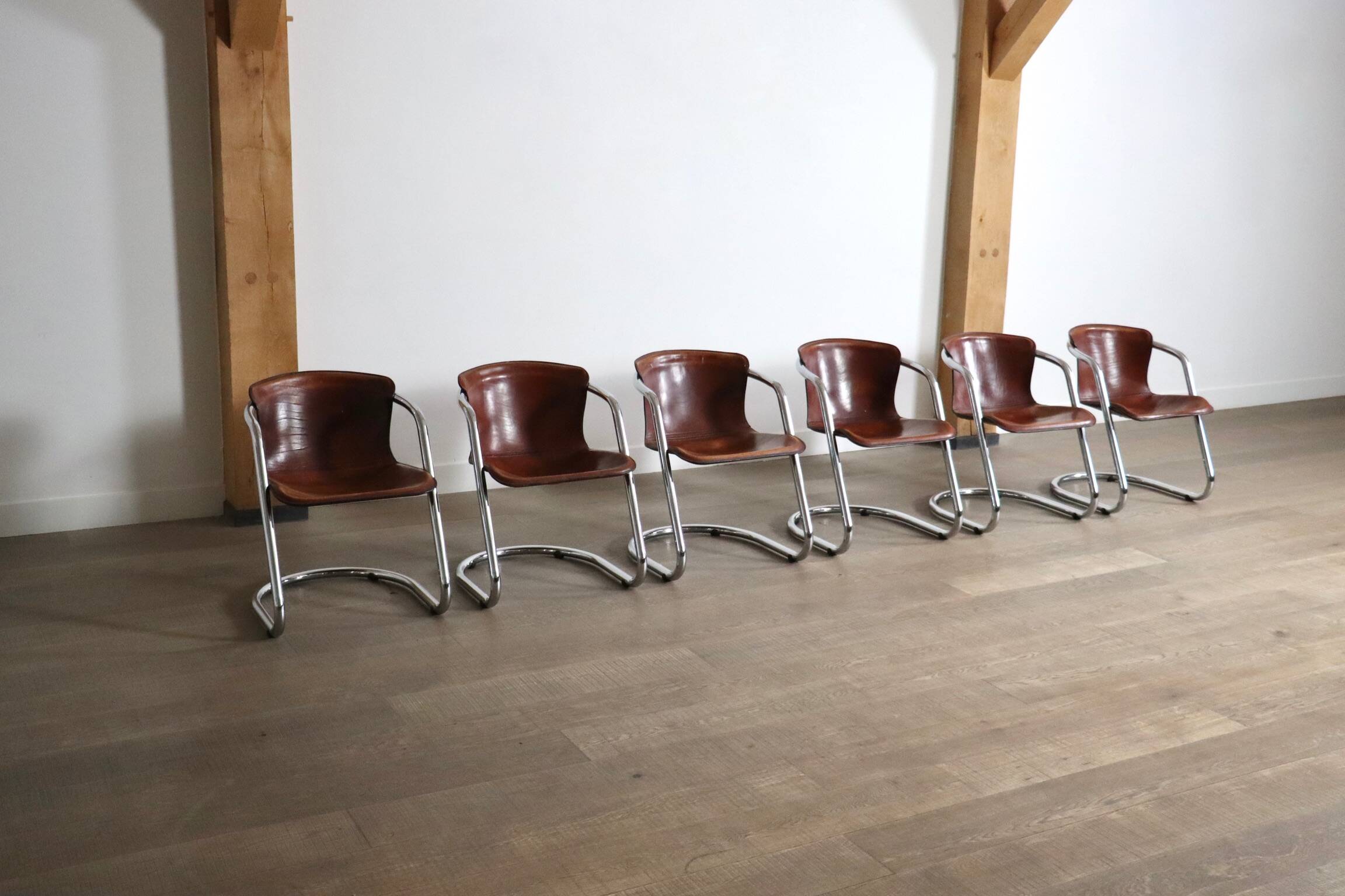 Set of 6 tubular chrome and saddle leather dining chairs for Metaform, 1970