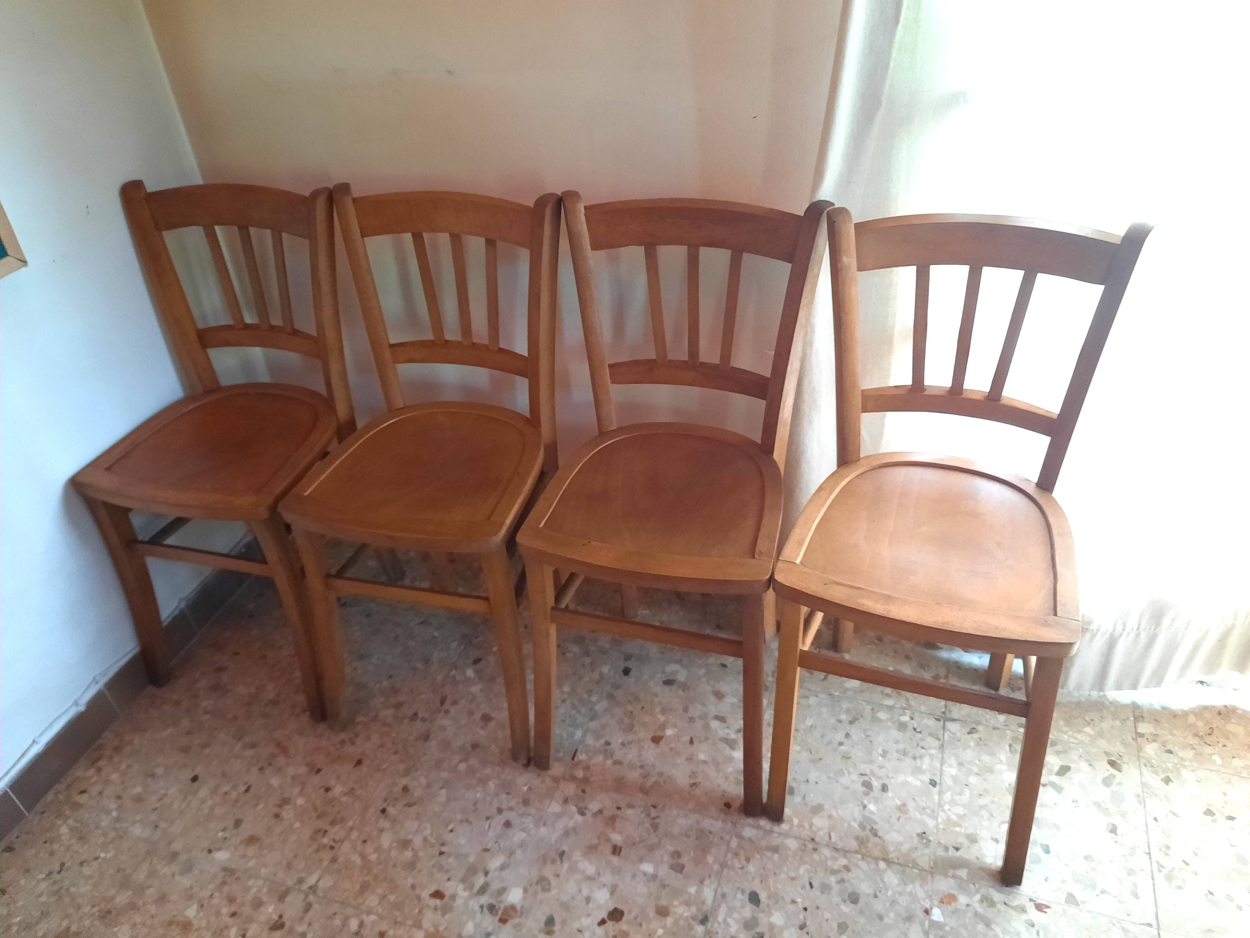 Set de 4 chaises de bistrot bois clair années 50-60
