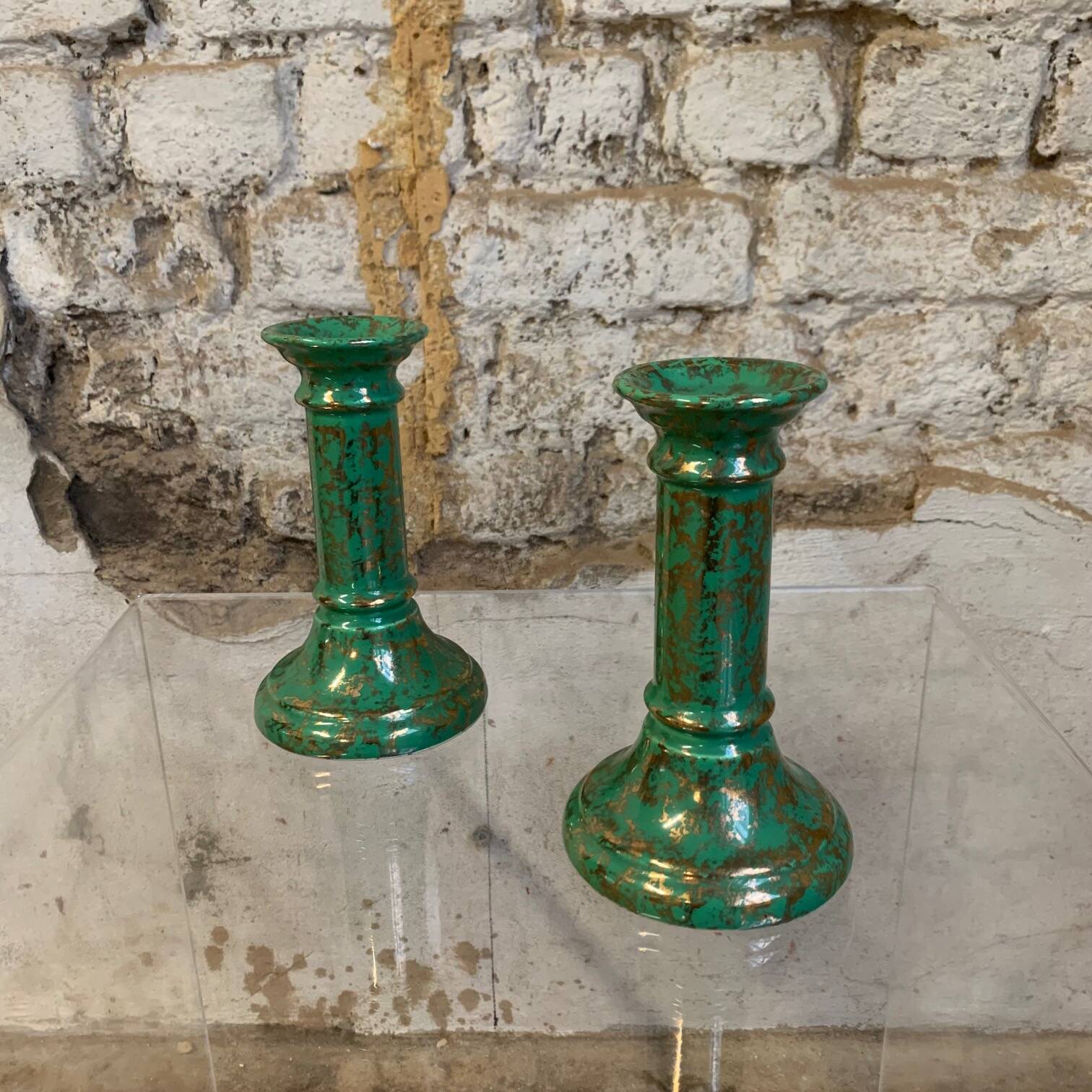 Duo of green-gold enameled ceramic candle holders, Western Germany, Waechtersbach, 1970s