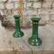 Duo of green-gold enameled ceramic candle holders, Western Germany, Waechtersbach, 1970s