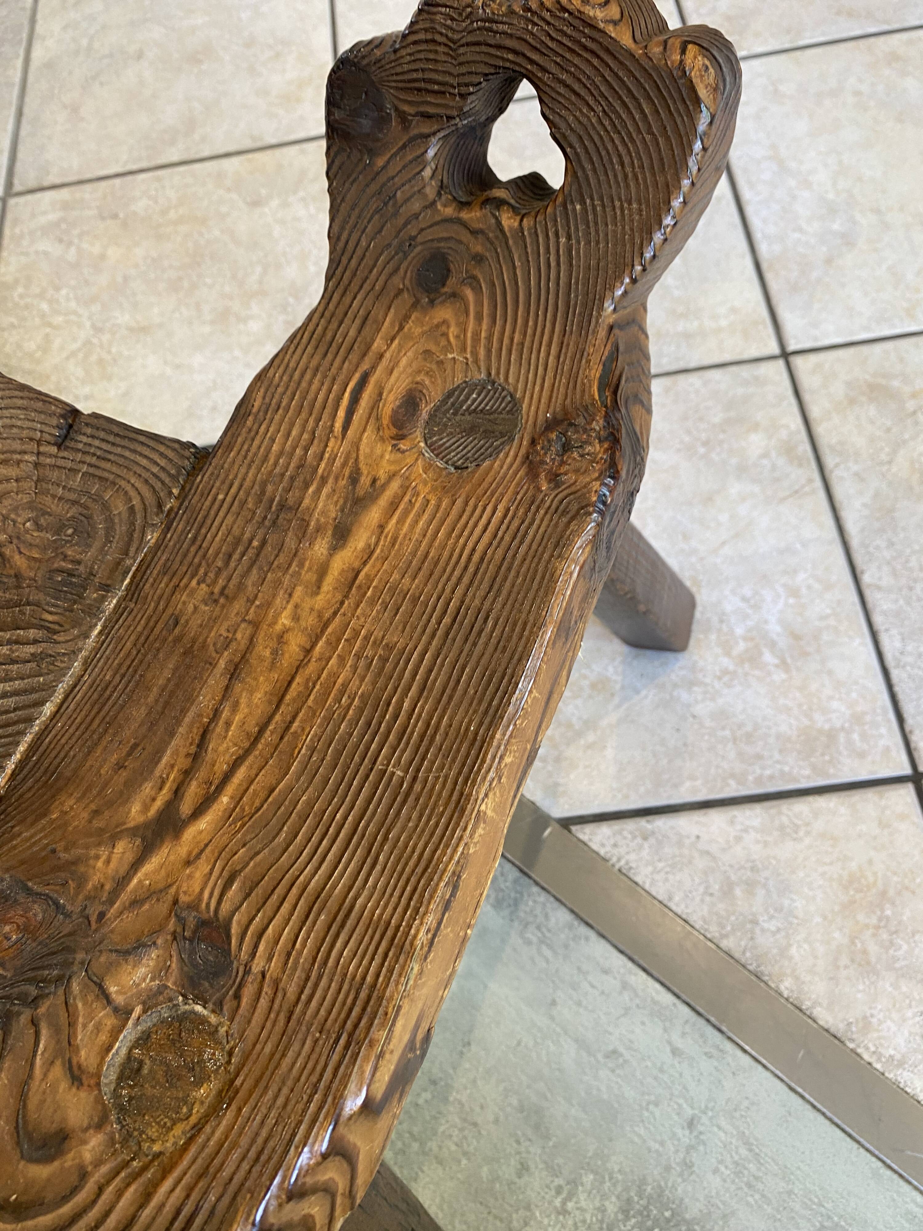Brutalist tripod chair n1, carved solid wood, antique.