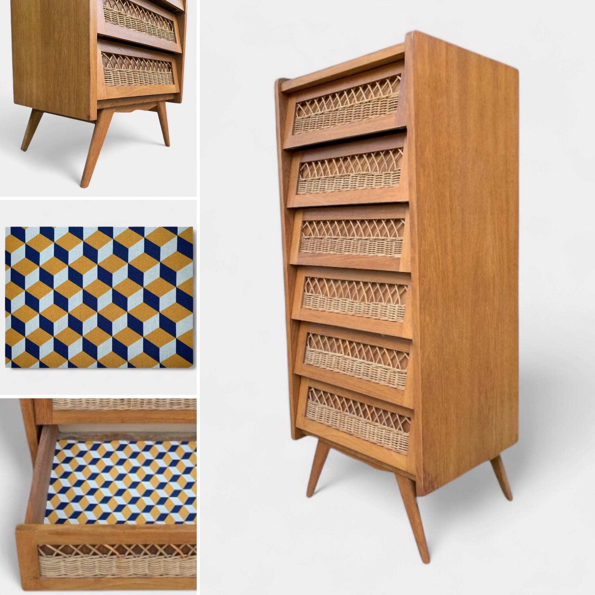 Vintage rattan chiffonier with compass feet 1950