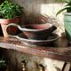 Glazed stoneware sauce boat Fontgombault, red and green, vintage 1960-1970.