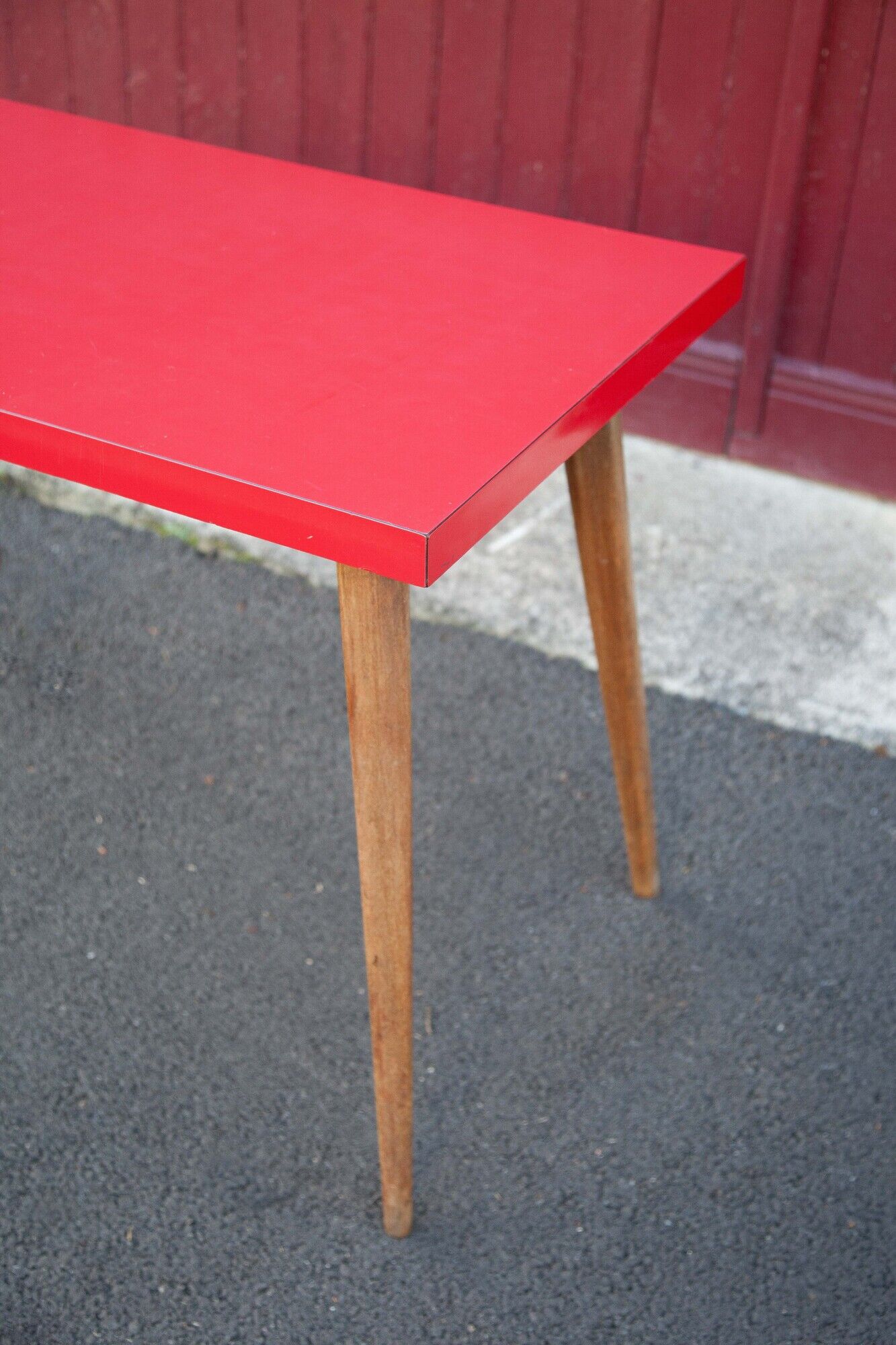 Vintage bistro table wooden table and red formica feet compass, kitchen, countryside