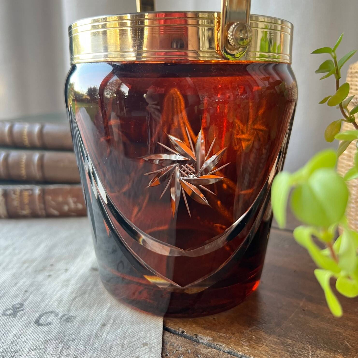 Vintage ice bucket in amber chiseled glass