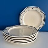 Set of 6 Longchamp France Octagonal Plates - Blue Lotus Flower Pattern