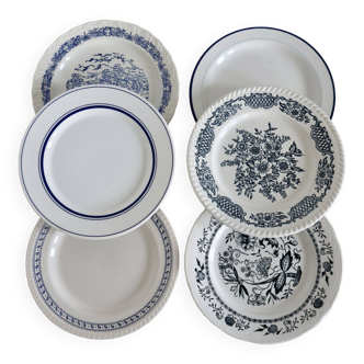 6 assiettes plates vintage dépareillées porcelaine bleue et blanche - Lot W