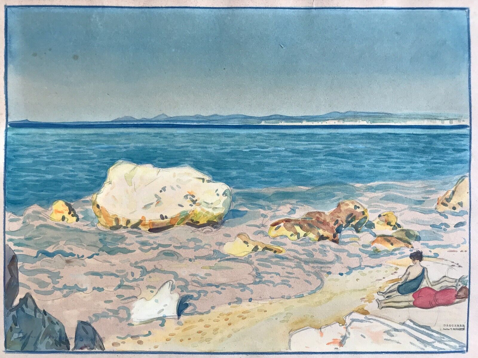 Original watercolor by Tony Minartz, bathers on a rocky beach in the Mediterranean