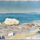 Aquarelle originale de Tony Minartz, baigneuses sur une plage rocheuse de la Méditerranée