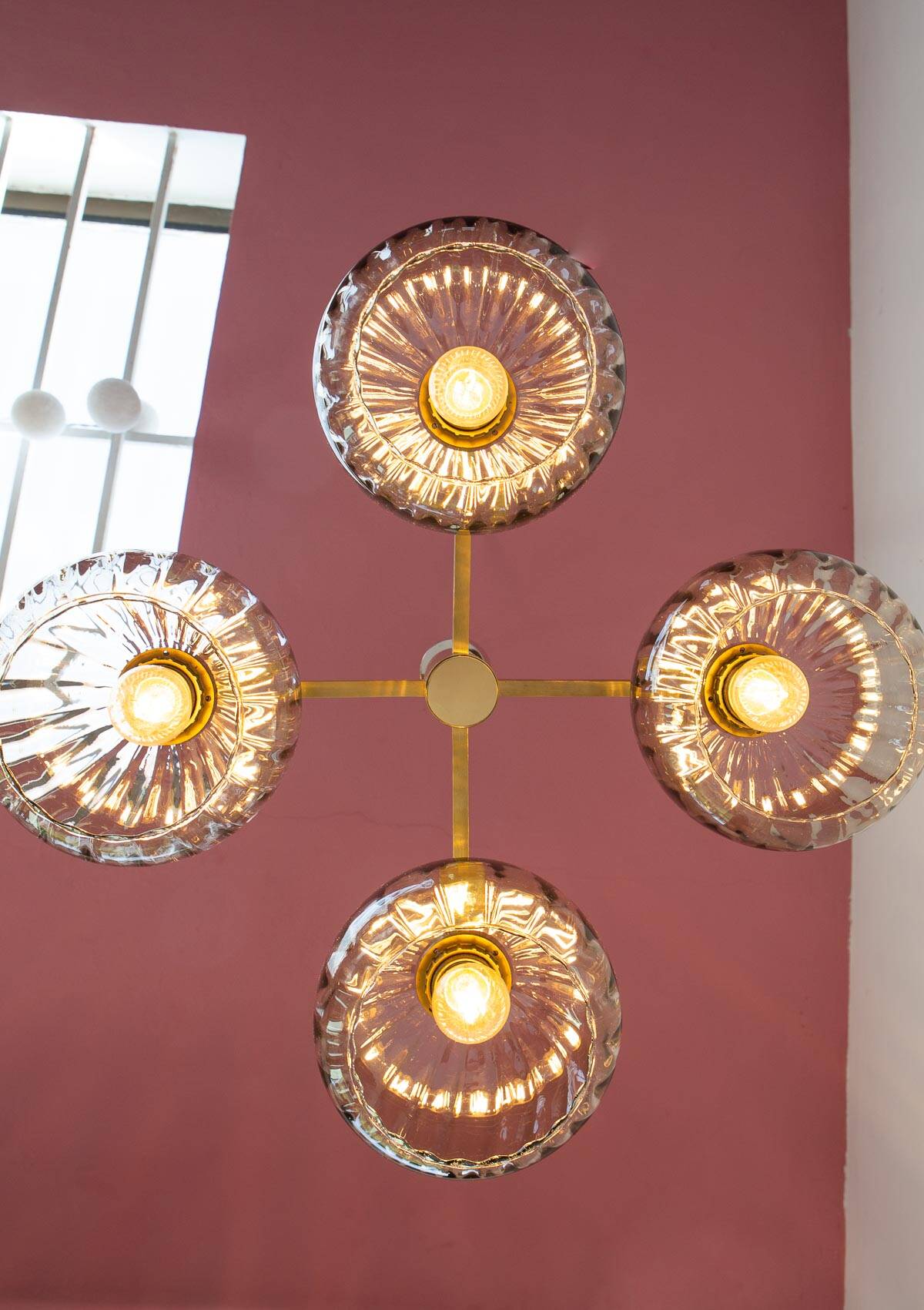 Midcentury brass pendant light and 4 glass tulips 60s/70s