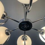 Art Deco chandelier with 6 lights in opaline glass and chrome metal.