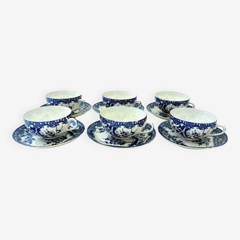 Set of six tea cups and their saucers in blue-white porcelain from Japan