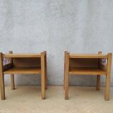 Pair of wooden and rattan bedside tables