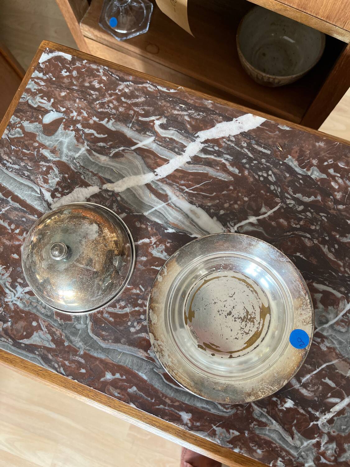 Old stamped silver metal butter dish