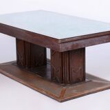 Restored Art Deco Dining Table, Oak, Copper Plating, Glass, Czech, 1930s