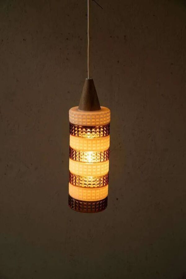 Suspension vintage en verre, cylindre en verre ambré, lampe suspendue