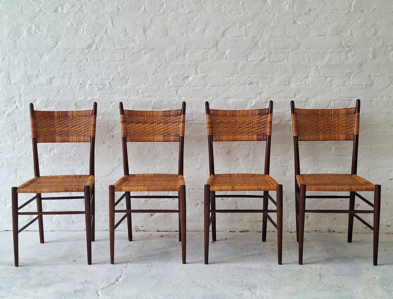 Four teak dining chairs with patinated cane after Gio Ponti, Italy 1960s