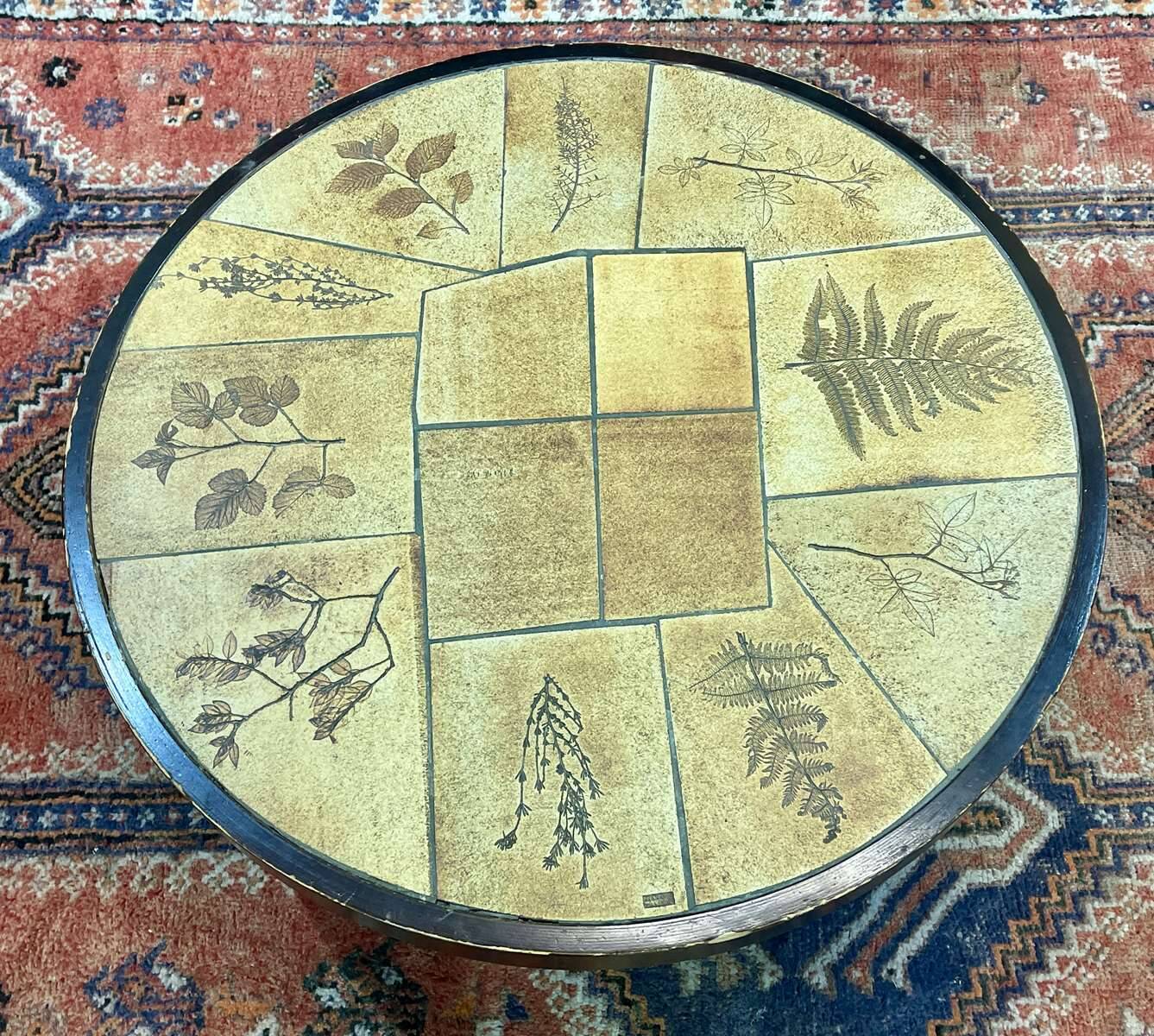 Beech coffee table with ceramic top, herbarium decoration by Raymonde Leduc Vallauris