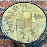 Beech coffee table with ceramic top, herbarium decoration by Raymonde Leduc Vallauris
