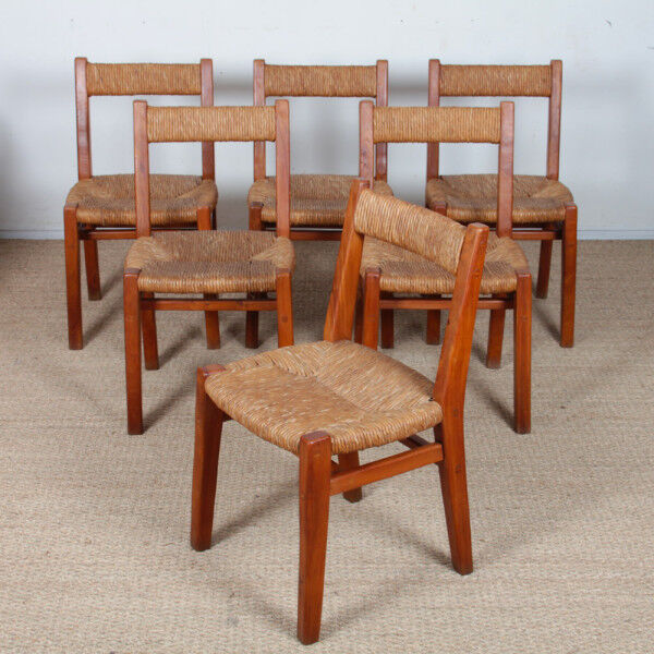 Suite de 6 chaises paillées en orme massif, travail français, 1950