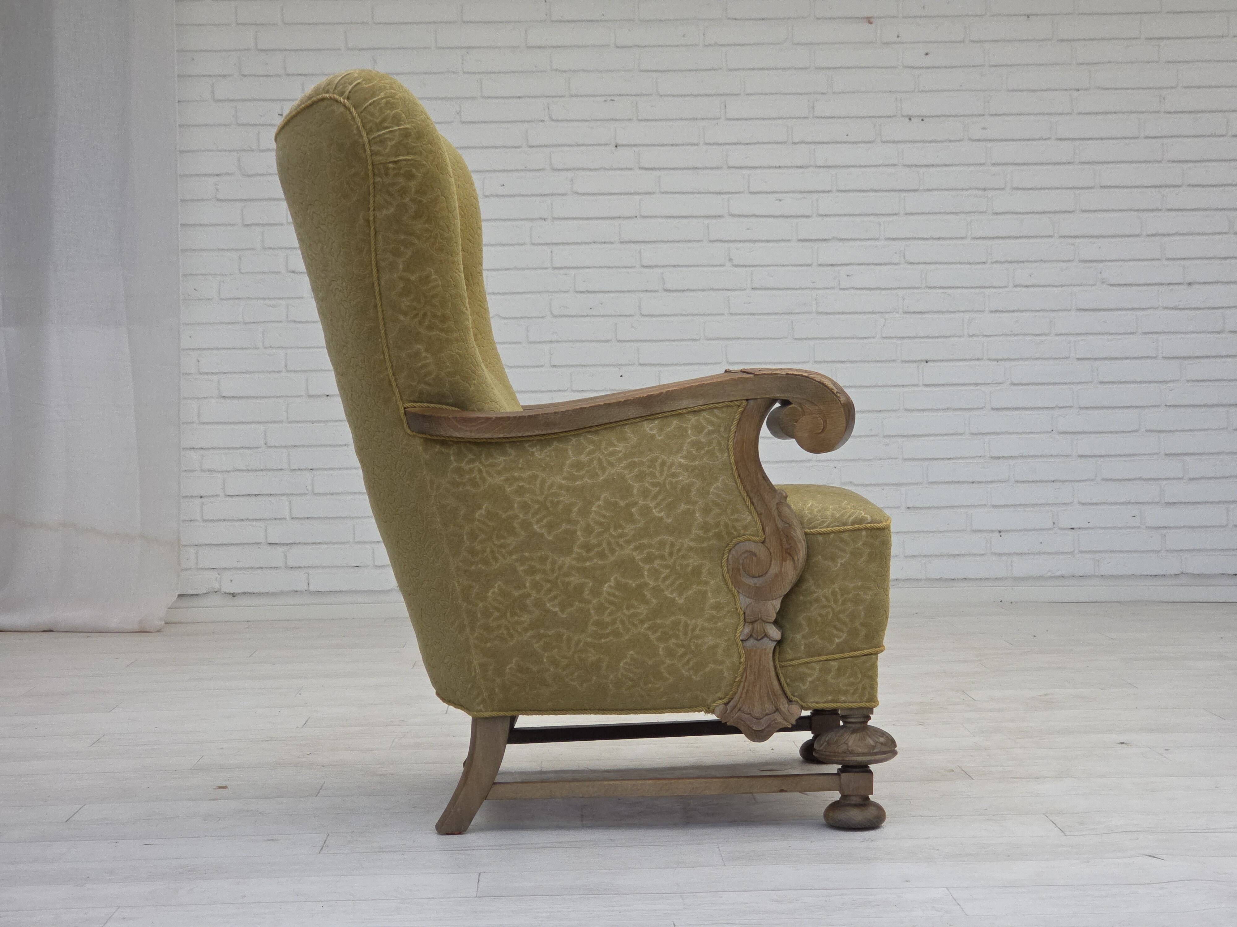 1960s, Danish highback armchair, furniture cotton/wool fabric, oak wood.