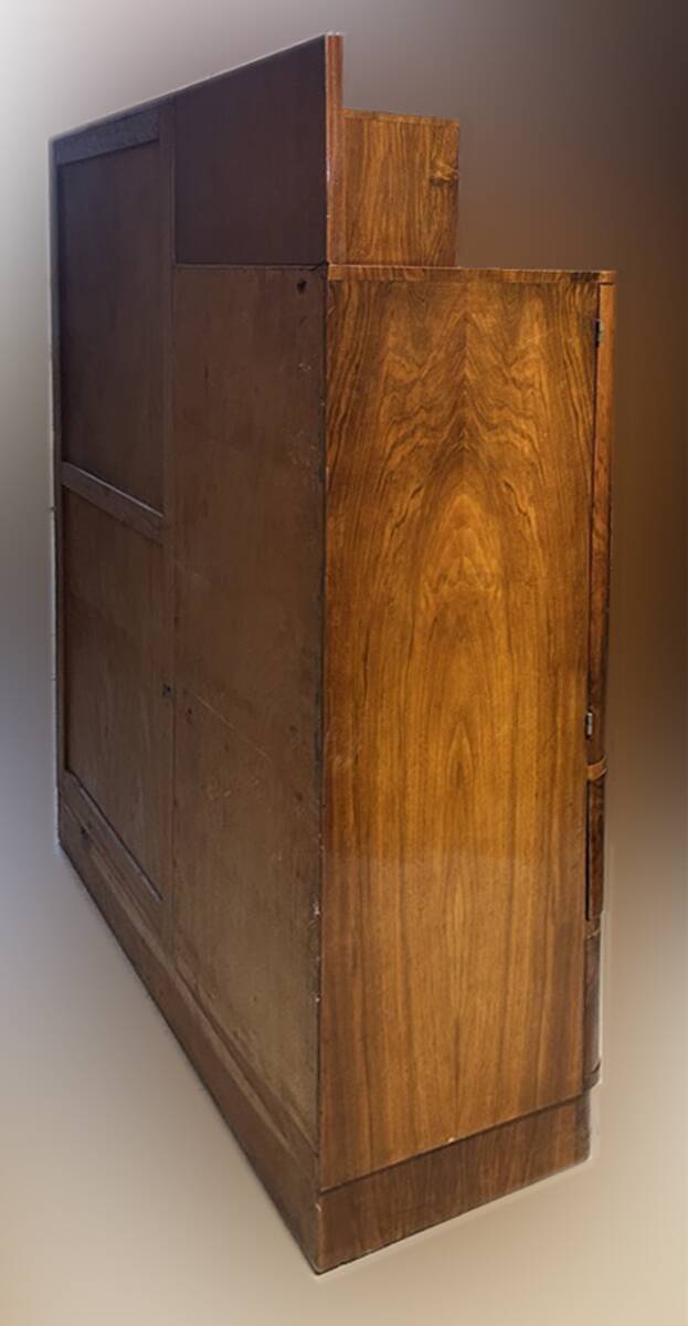 Asymmetrical wardrobe, Art Deco, 1930s walnut burl, wardrobe, shelves, drawers