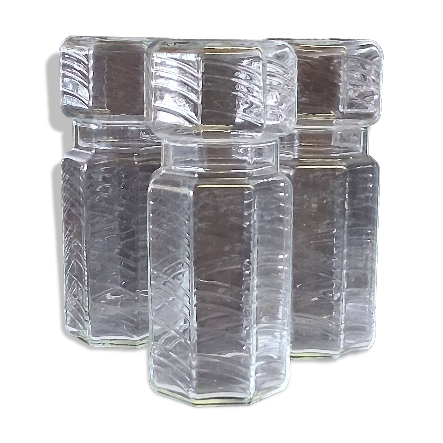 Set of 3 glass jars with old transparent lids in very good condition.