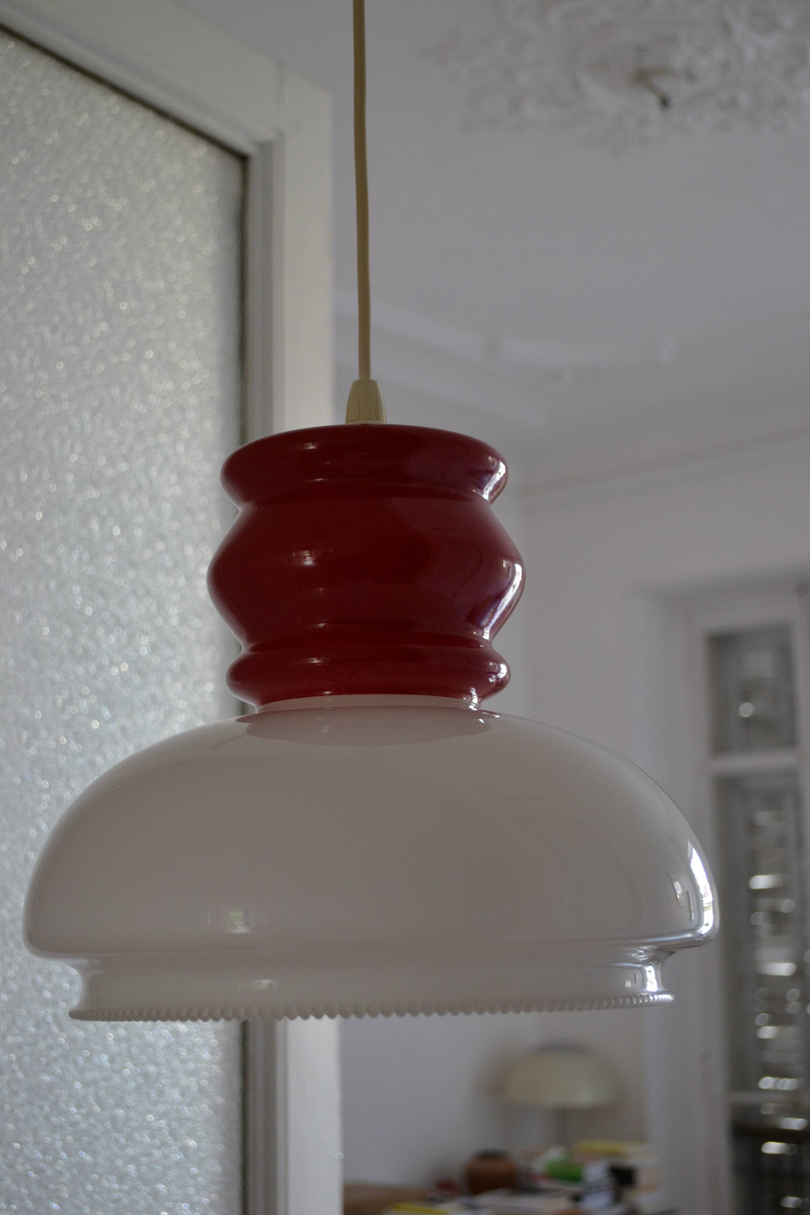 White and red opaline glass chandelier vintage 1970 space age
