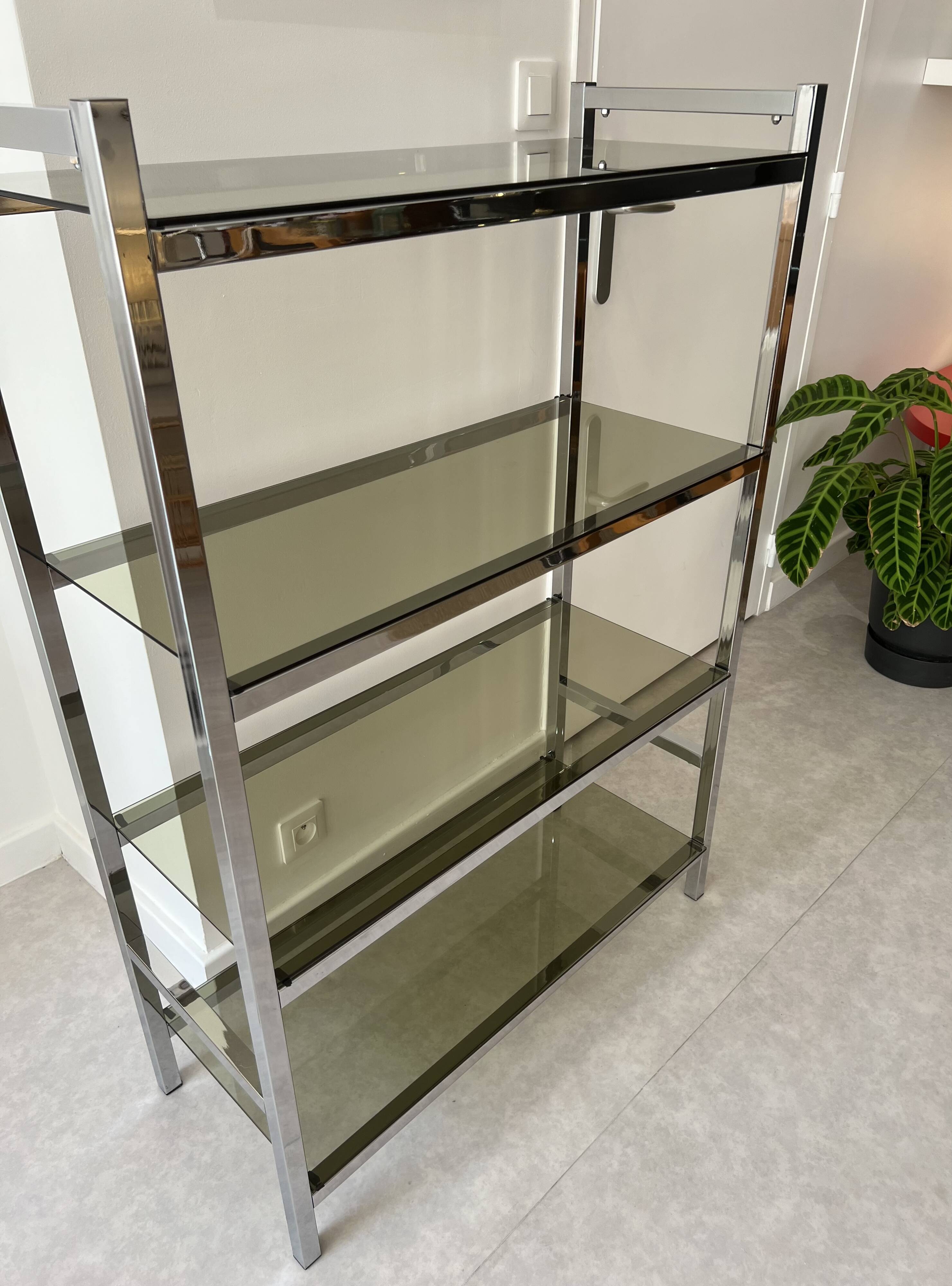 Chrome and smoked glass bookcase/shelf, circa 1970
