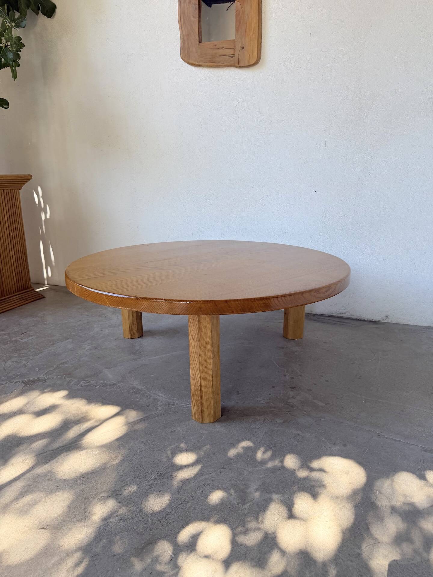 1950s round tripod oak coffee table
